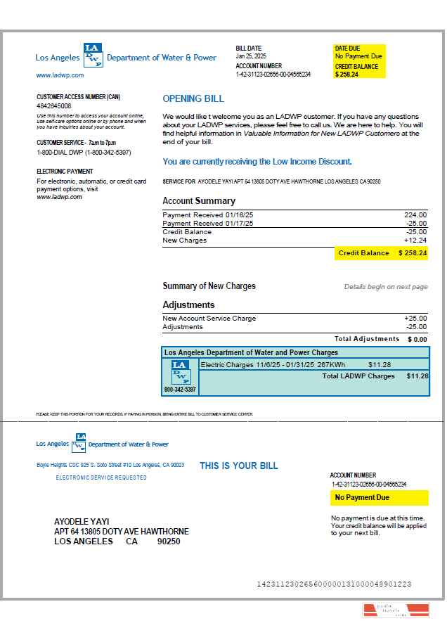 USA LA DWP utility bill template in Word and PDF formats, version 2